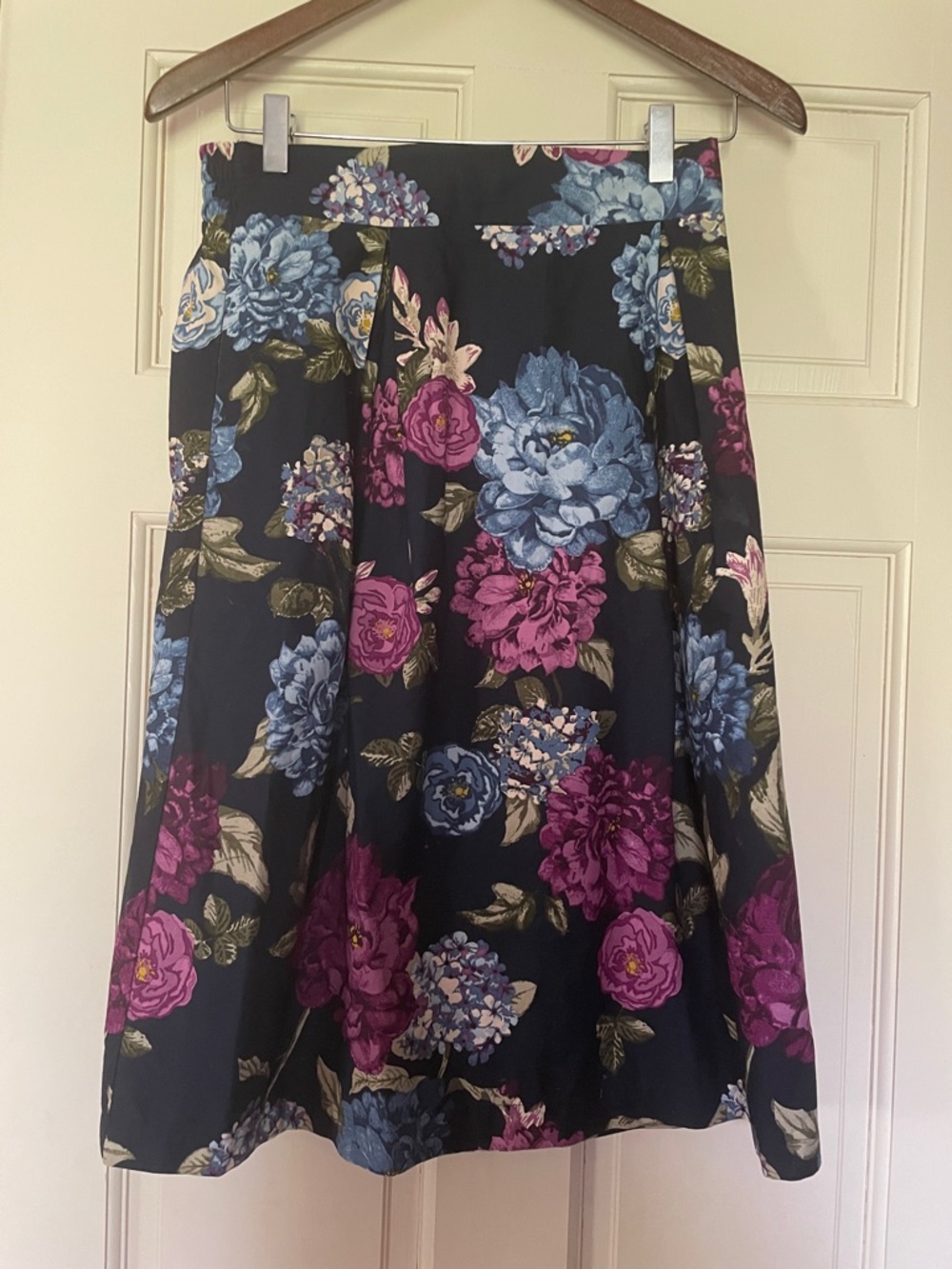 Jane and Delaney A-Line Midi Skirt - Indigo with Blue & Purple Blooms—Size Small